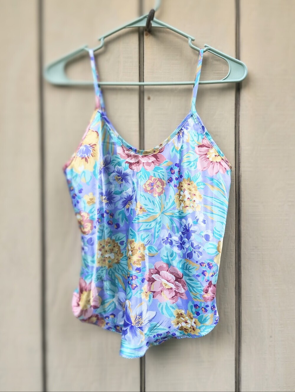 Vtg Floral Soft Girl Satin Cami Tank Top Coquette Pastel Blue Y2K Cottagecore